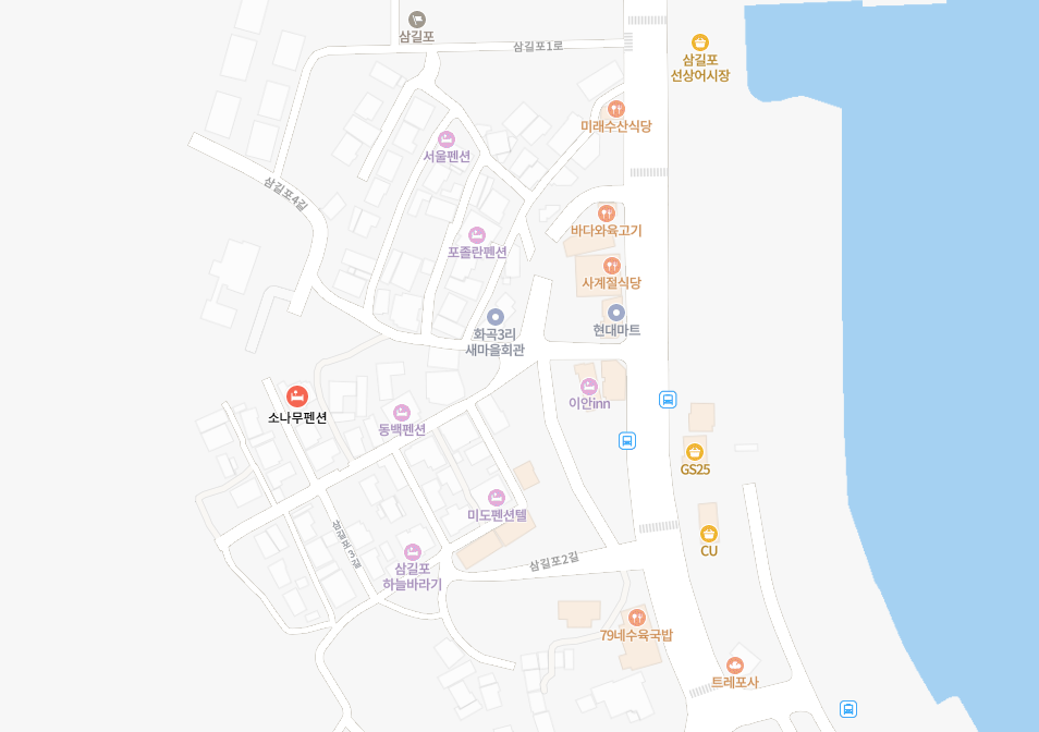 소나무펜션 위치 지도 — 삼길포 선상어시장과 해안도로 서쪽, 화곡3리 새마을회관 아래